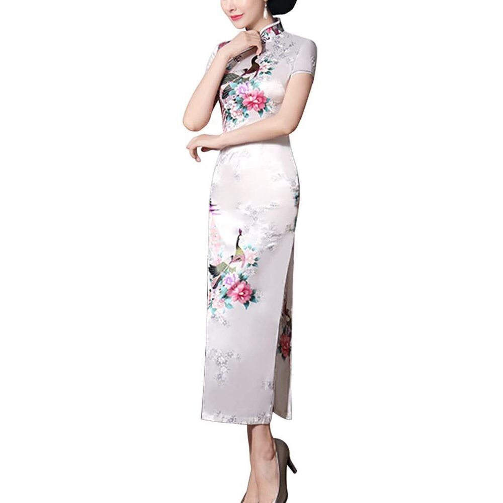 6702 Short Sleeve Chinese Cheongsam Costume Blossom Printed Mandarin Collar